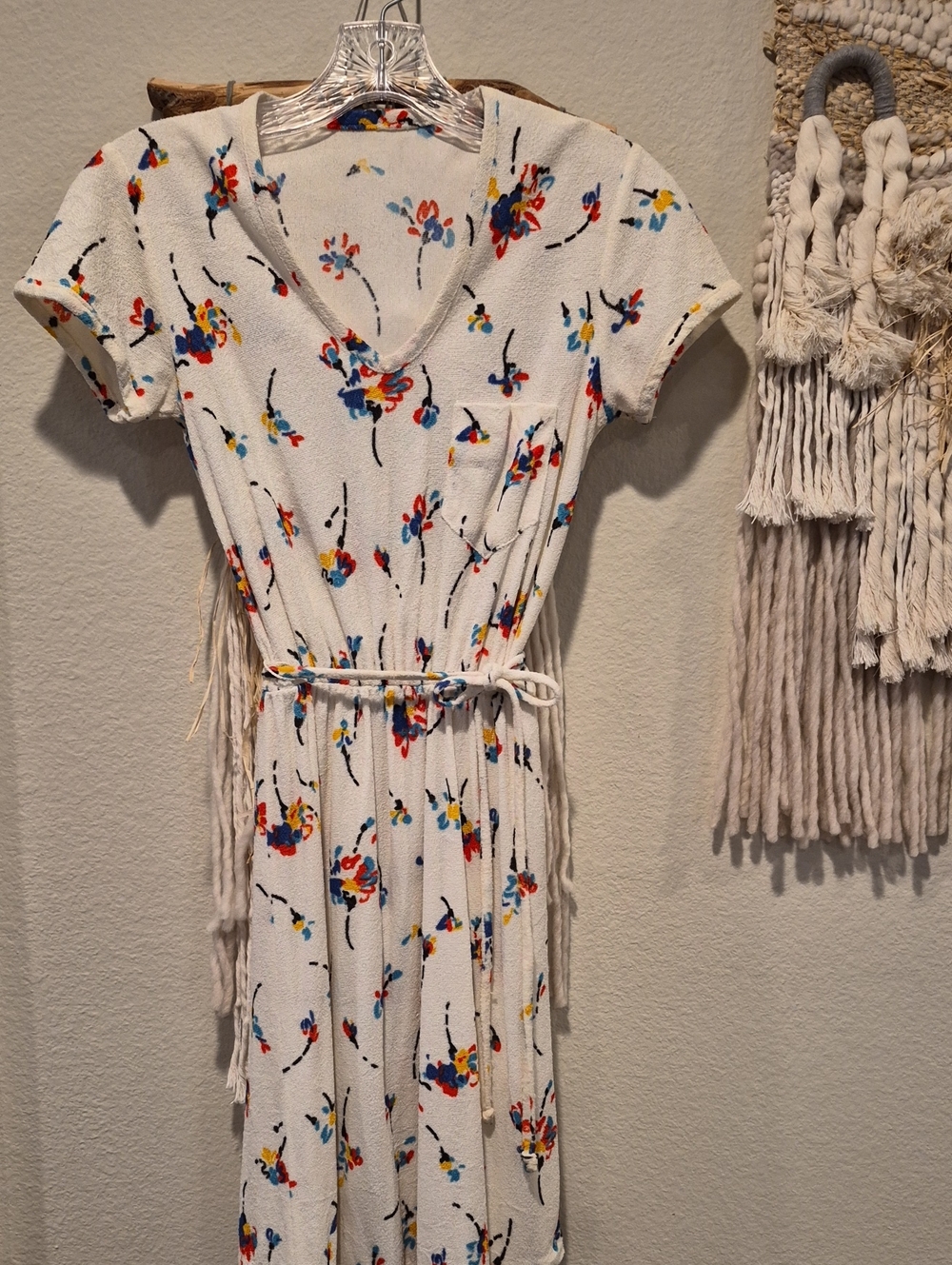 Vtg Creamy Ivory Colorful Floral Elastic Waist Knee-Length Terry Cloth Dress XXS